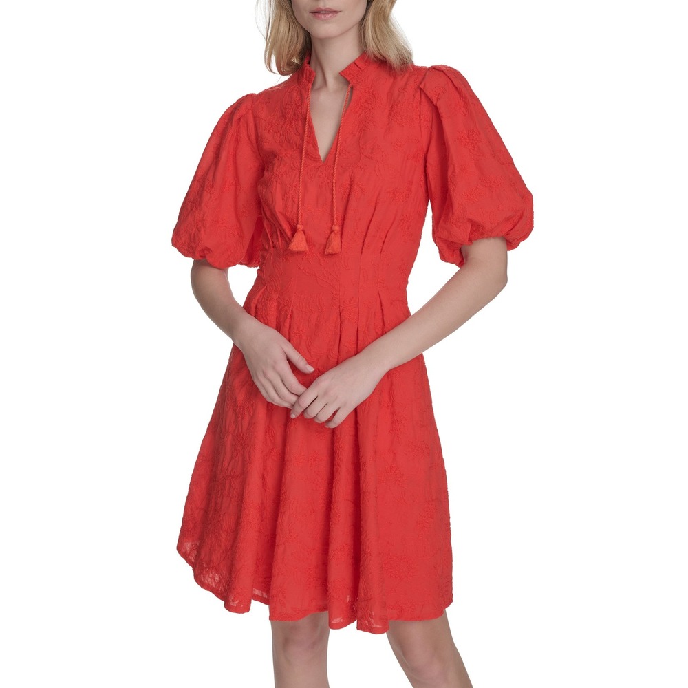 Eliza J Red Cotton Embroidered Puff‎ Sleeve Tassel Fit Flare Dress